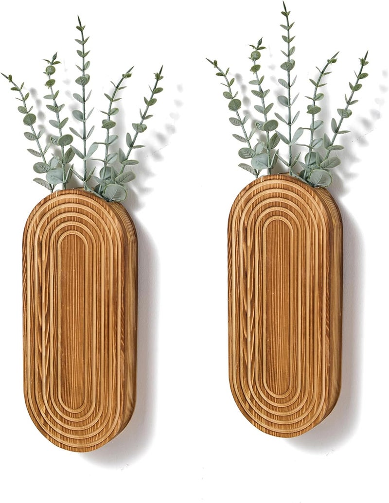 Mokof 2 Pack Carved Wood Wall Planters with Fake Eucalyptus Stems for Wall Decor - Boho Wooden Wall Art for Living Room, Bedroom, Bathroom (Brown) - Image 1